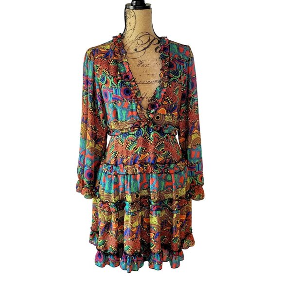 It's Bohemian Multicolor Long-Sleeve Deep V-Neck Ruffle Dress -US L - Picture 4 of 9